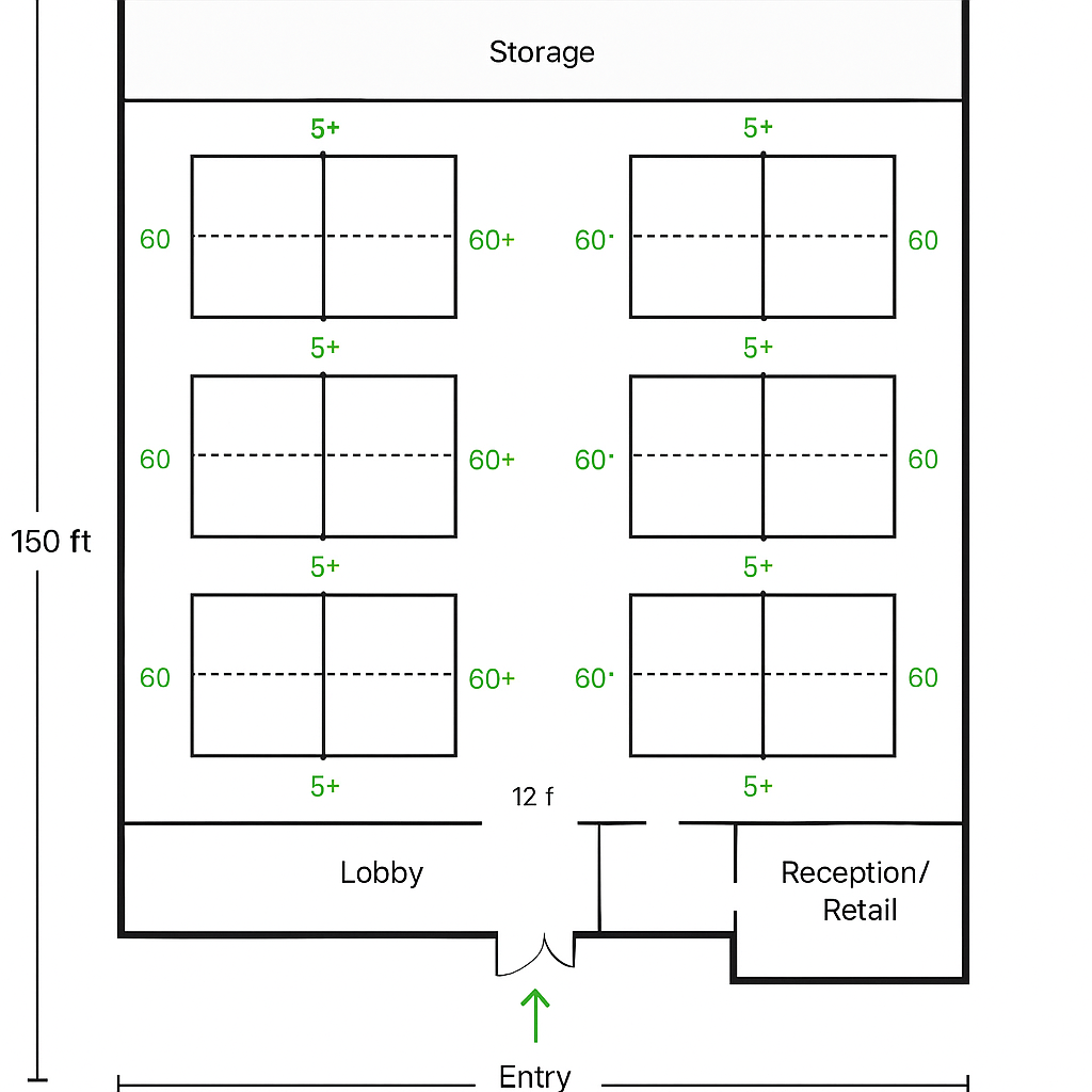 Sample sports venue layout showing court arrangement